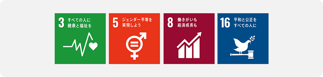 3すべての人に健康と福祉を 5ジェンダー平等を実現しよう 8働きがいも経済成長も 16平和と公正をすべての人に