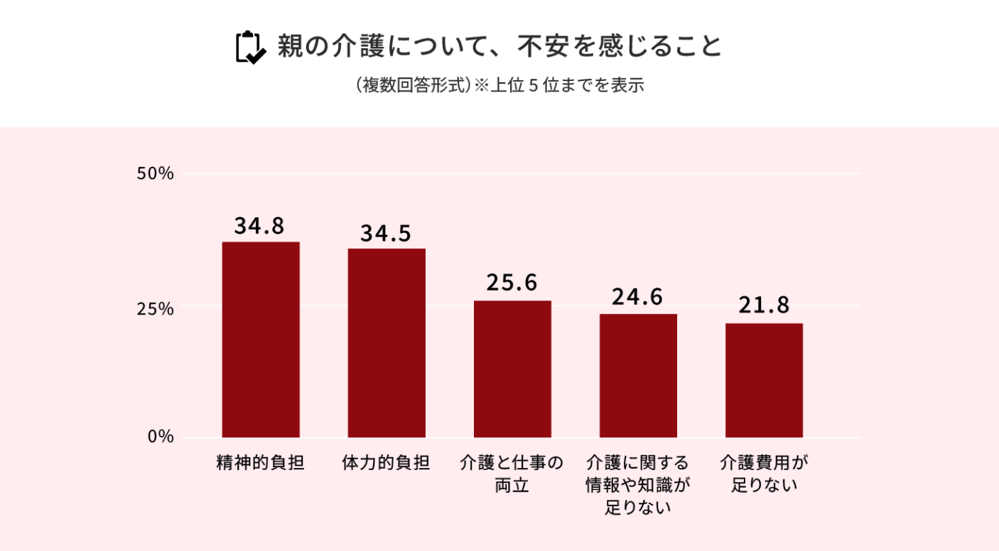 親の介護について、不安を感じること（複数回答形式）※上位5位までを表示